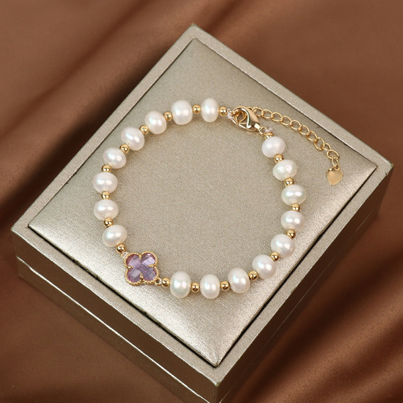 Bracelet en perles d'eau douce et perles d'or de 7 à 8 mm Bracelet en trèfle de cristal Fermoir en or 14 carats sur argent sterling