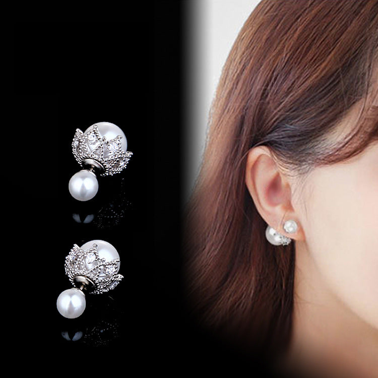 Elegant Two Round Pearl Stud Earrings for Women in Sterling Silver(8-16mm)