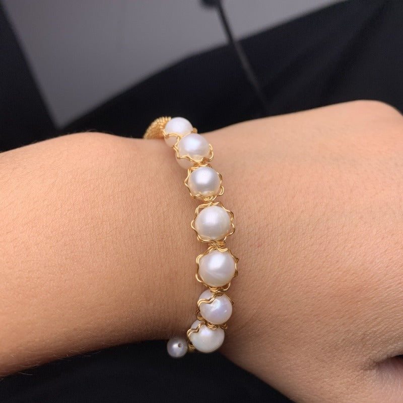 Akoya Pearl Bangle with Gold Settings Cultured Freshwater Pearl Bangle Bracelet in 14k Gold Over Sterling Silver Size Adjustable