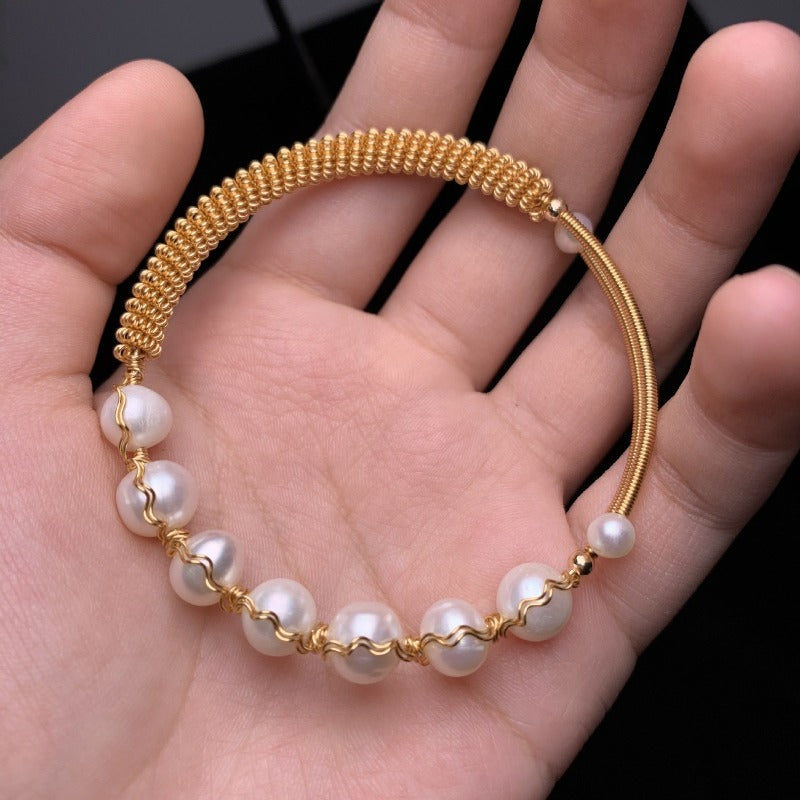 Akoya Pearl Bangle with Gold Settings Cultured Freshwater Pearl Bangle Bracelet in 14k Gold Over Sterling Silver Size Adjustable