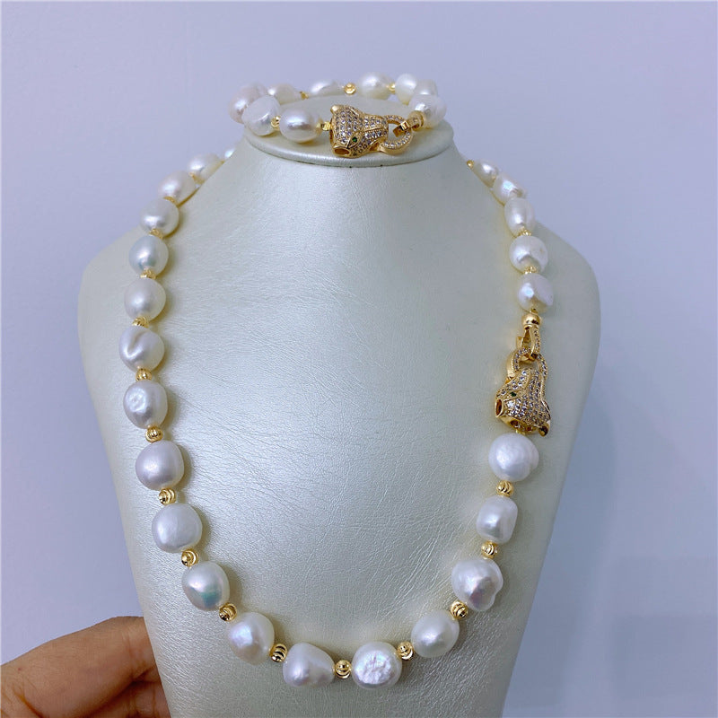 10-11mm Cultured Big Baroque Pearl Bracelet And Necklace in 14k Gold Over Sterling Silver