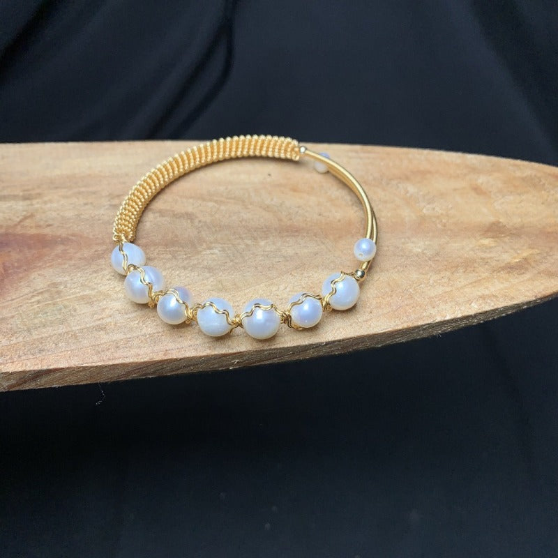 Akoya Pearl Bangle with Gold Settings Cultured Freshwater Pearl Bangle Bracelet in 14k Gold Over Sterling Silver Size Adjustable