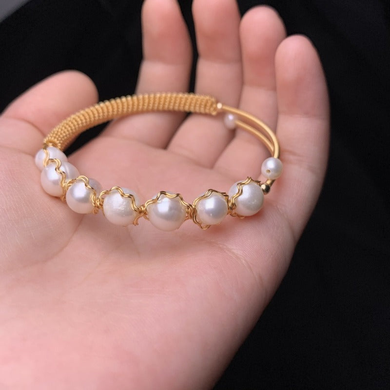 Akoya Pearl Bangle with Gold Settings Cultured Freshwater Pearl Bangle Bracelet in 14k Gold Over Sterling Silver Size Adjustable