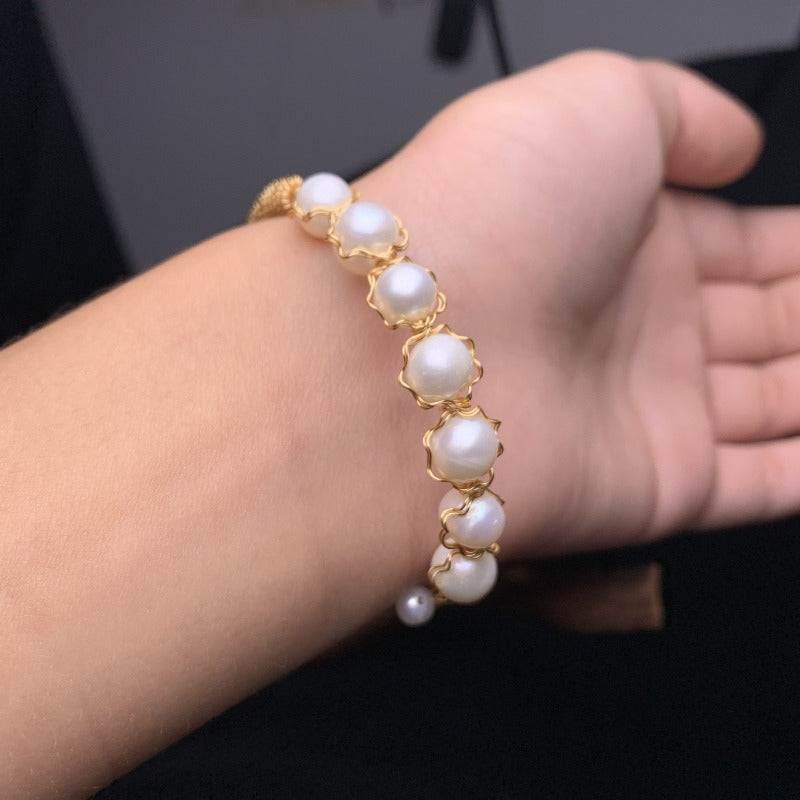 Akoya Pearl Bangle with Gold Settings Cultured Freshwater Pearl Bangle Bracelet in 14k Gold Over Sterling Silver Size Adjustable