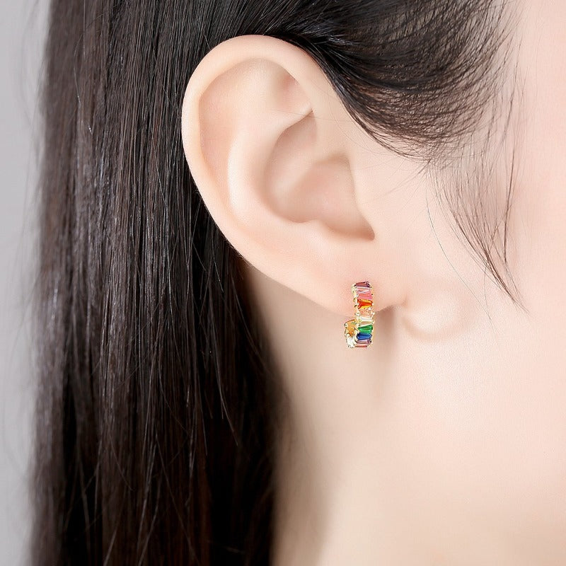 Colorful Crystal Earrings Half Hoop Zricon Earrings with Silver Pin