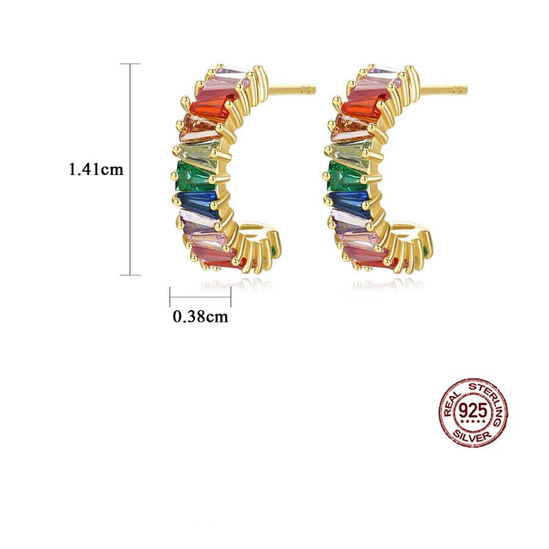 Colorful Crystal Earrings Half Hoop Zricon Earrings with Silver Pin