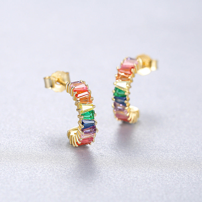 Colorful Crystal Earrings Half Hoop Zricon Earrings with Silver Pin