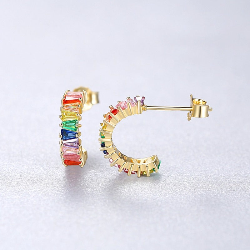 Colorful Crystal Earrings Half Hoop Zricon Earrings with Silver Pin