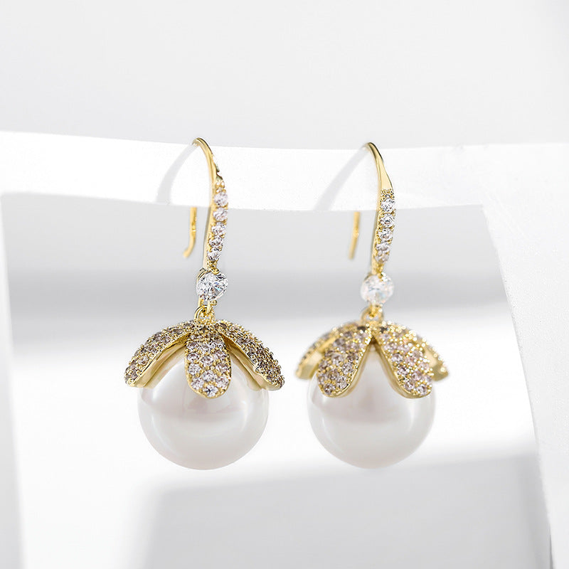 Pearl Drop Earrings | Pearl and Diamond Earrings | Shepherd Hook Earrings in Sterling Silver (12mm)