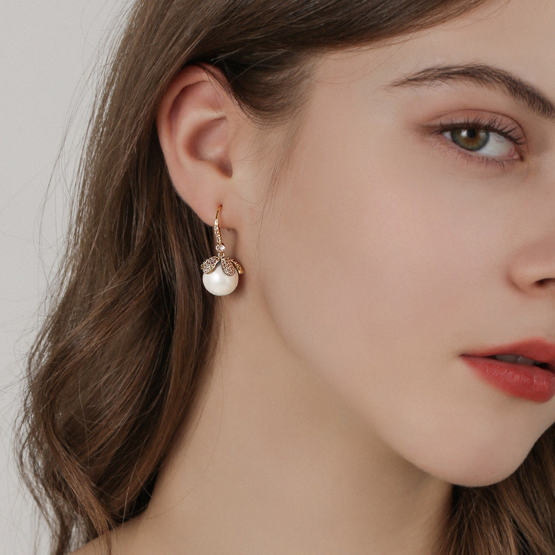 Pearl Drop Earrings | Pearl and Diamond Earrings | Shepherd Hook Earrings in Sterling Silver (12mm)