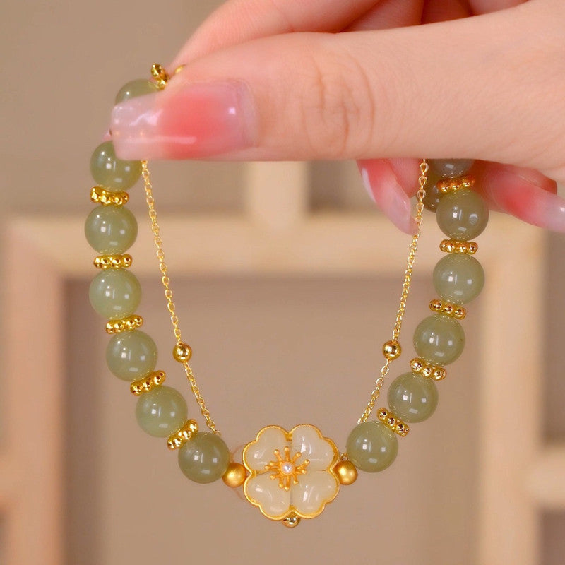 8MM Green Jade Bracelet | Double Strand Bracelets | 6.88” Camellia Clasp Bracelets