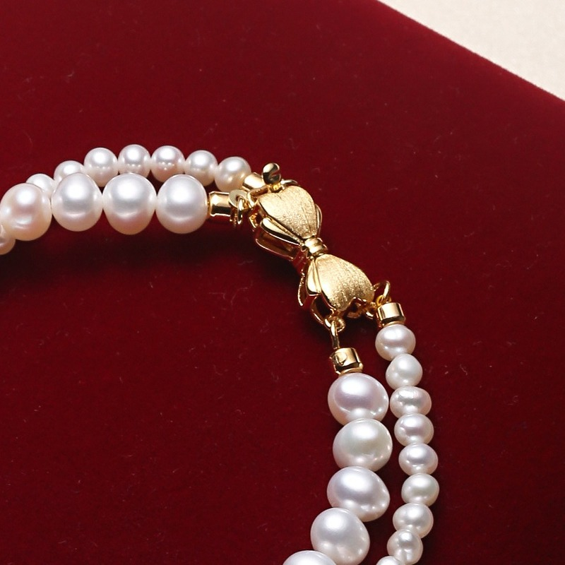 Double Strand Cultured Freshwater Pearl Necklace And Pearl Bracelet with Gold Setting Jewellery Set