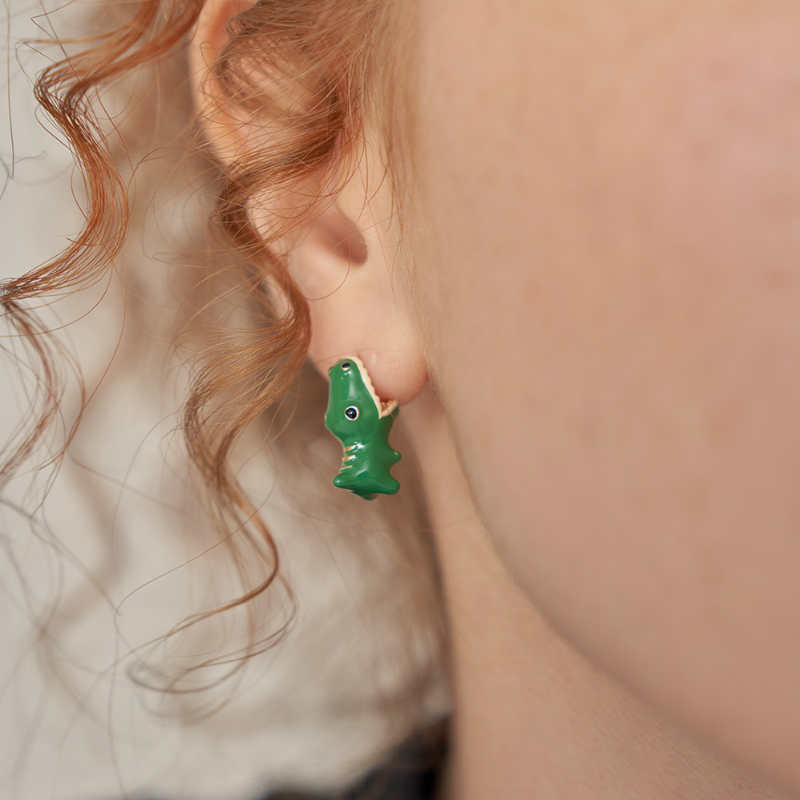 Handmade Cartoon Little Green Dinosaur Stud Earrings