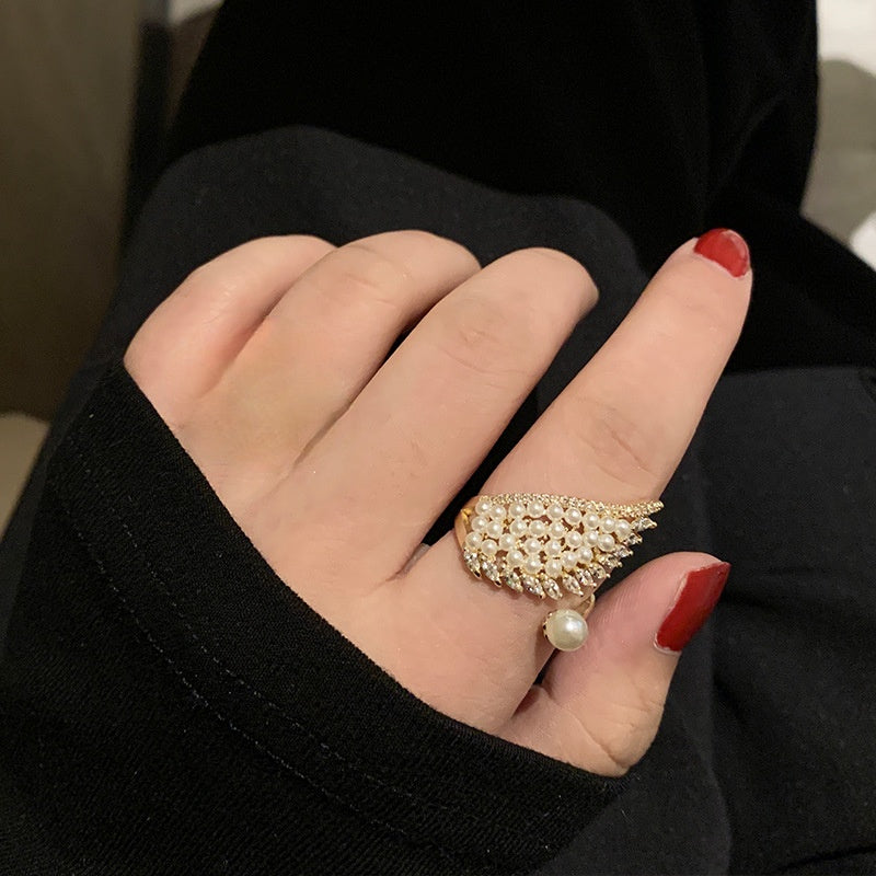 Wing Pearl Ring Adjustable Size Gold Open Ring in 14K Gold Over Sterling Silver