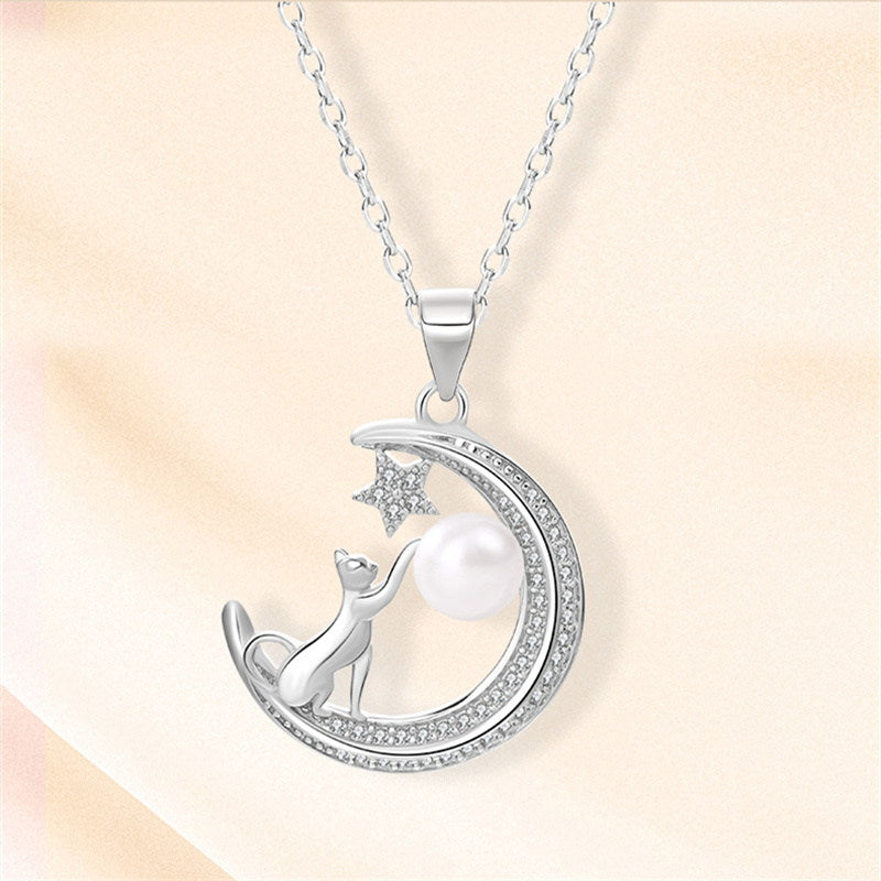 Sterling Silver Moon Pendant | Cat Pendant Necklace | Moon and Star Pendant with Freshwater Pearl (7mm)