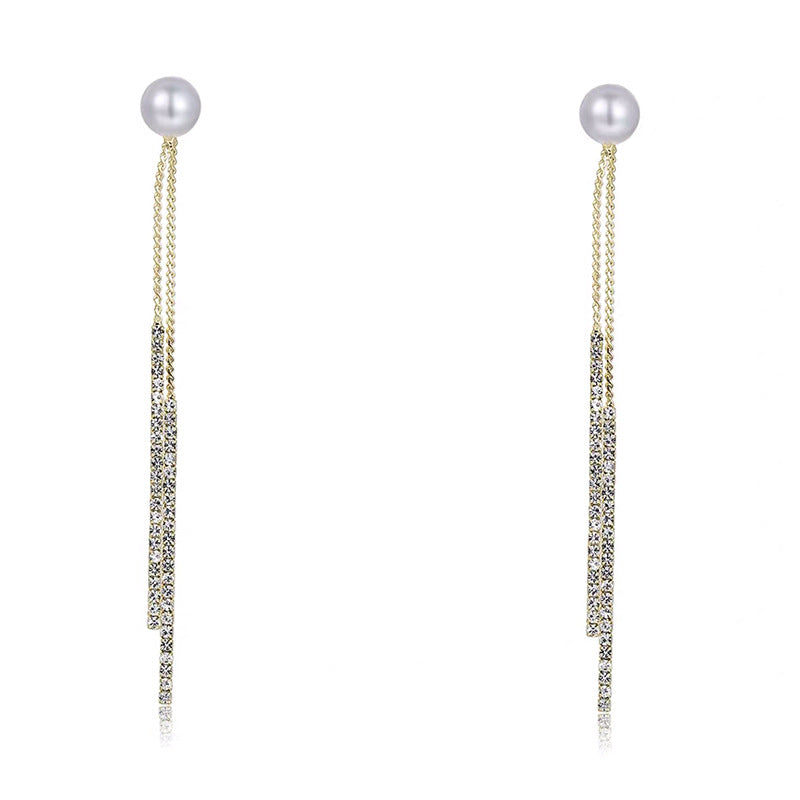 Pendientes colgantes dobles de perlas | Pendientes de diamantes de oro o plata | Pendientes colgantes para boda