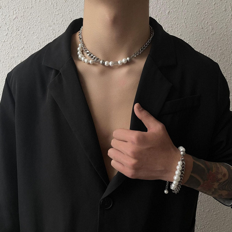 Mens Pearl Necklace and Bracelet | Mens Cuban Link Chain | Mens Pearl Bracelet | Mens Pearl Jewelry Set
