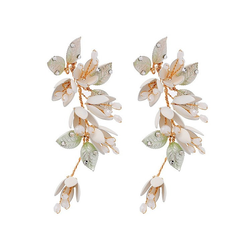 Handmade 14K Gold Plated Flowers Earrings for Wedding Long Pearl Dangling Earrings with Silver Pin