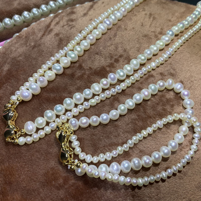 Double Strand Cultured Freshwater Pearl Necklace And Pearl Bracelet with Gold Setting Jewellery Set