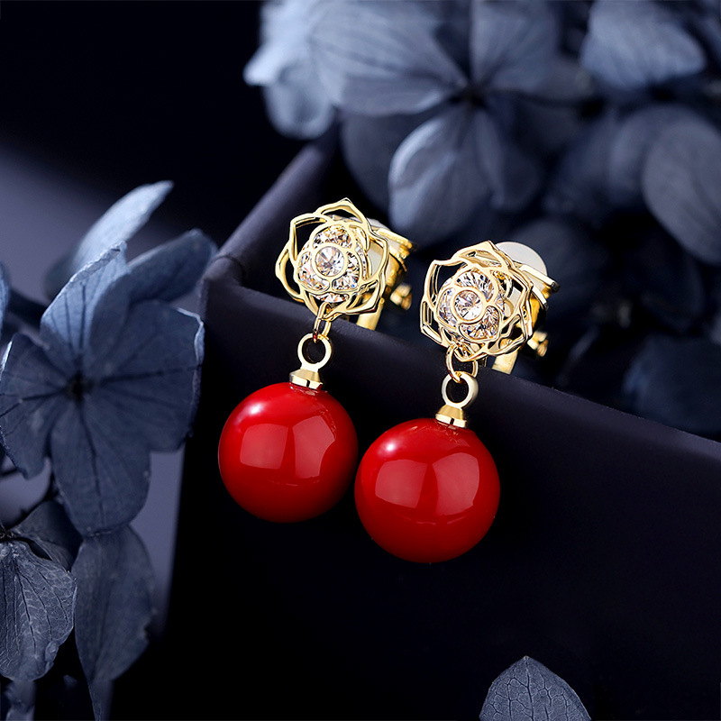 Pendientes colgantes de perlas de flores | Pendientes colgantes de diamantes y perlas rosas | Pendientes de perlas con clip para piercing y no piercing (10 mm)