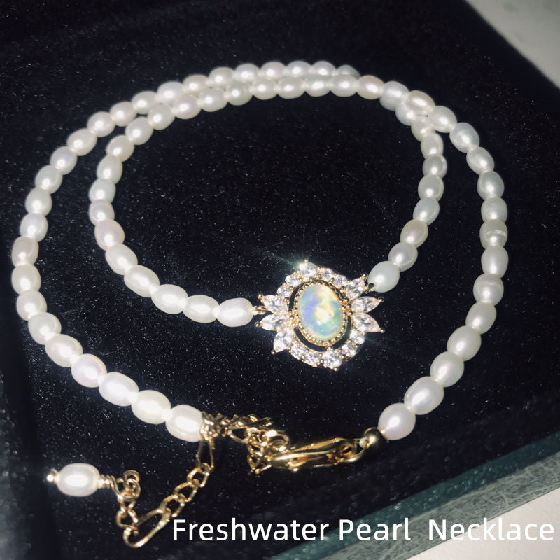 Opal And Real Pearl Choker Necklace | Freshwater Pearl Necklace | Baroque Pearl Necklace
