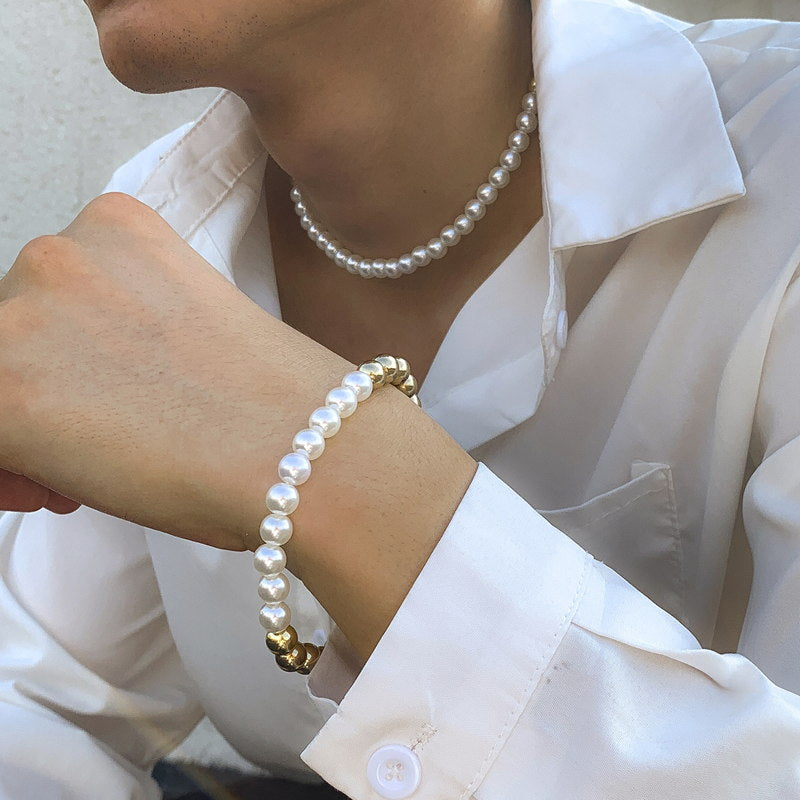 Mens Pearl Jewelry Set | Faux Mens Pearl Choker Necklace | Mens Pearl Bracelet