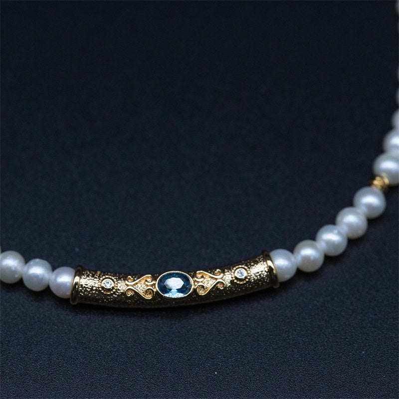 Tiny Pearl Choker | Pearl Choker Necklace | Freshwater Pearl Choker with Humanmade Sapphire