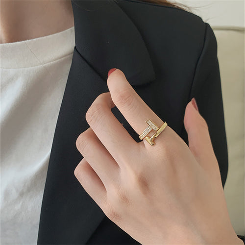 T Shape Adjustable Rings | Open Diamond Ring | Gold Diamond Ring in 14K Gold Plated
