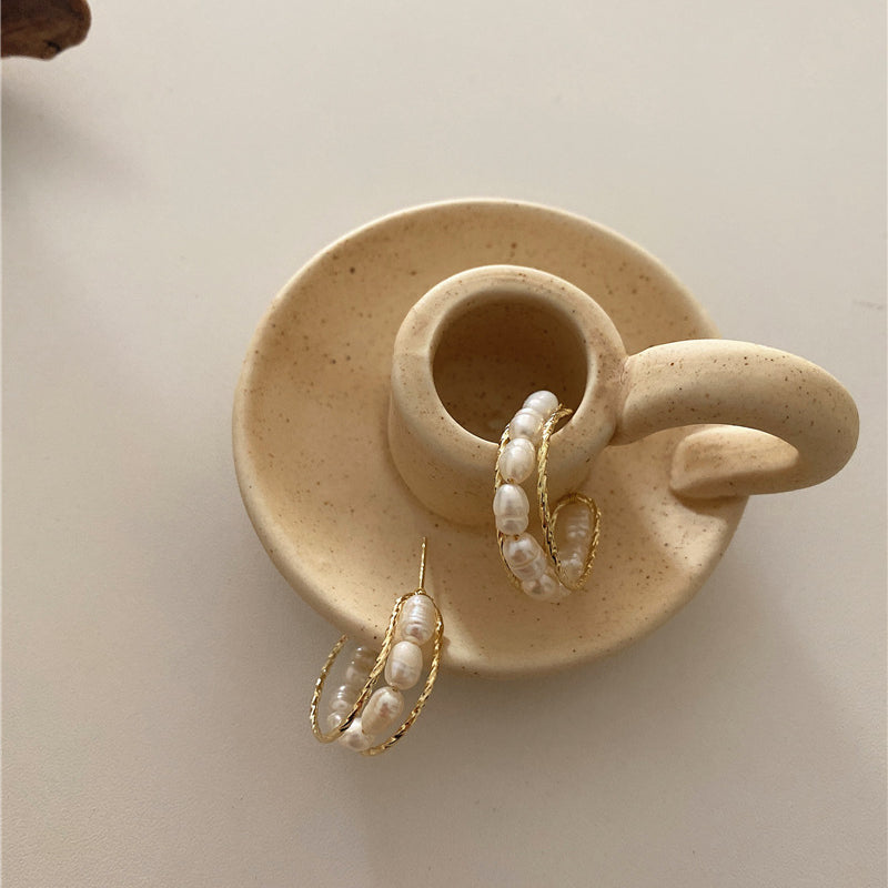 AAA Freshwater Pearl Hoop Earrings Cultured Pearl Stud Earrings in 14K Gold Over Sterling Silver