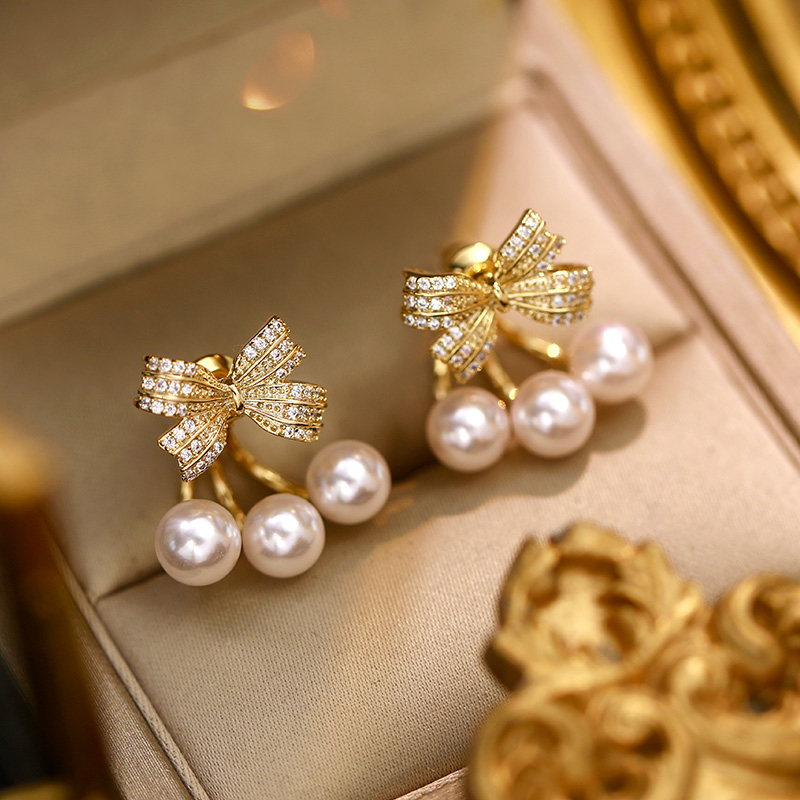 Cherry Pearl Earring Jackets | Pearl Drop Earrings | Bowknot Gold Stud Earrings with S925 pins
