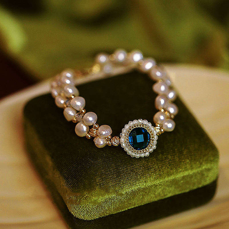 Pulsera de perlas cultivadas de agua dulce de 2 hebras | Pulsera de perlas de varias hebras con cristal azul de 6,5 a 8,2 pulgadas