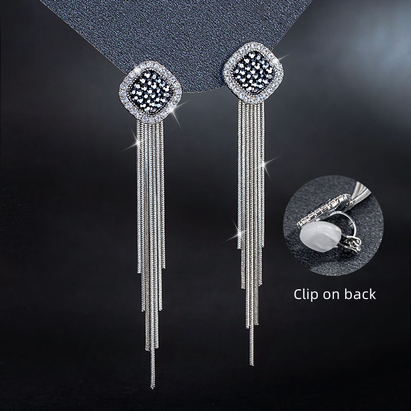 Pendientes colgantes de plata | Pendientes de clip para mujer | Pendientes de Circonitas con Borla de Metal