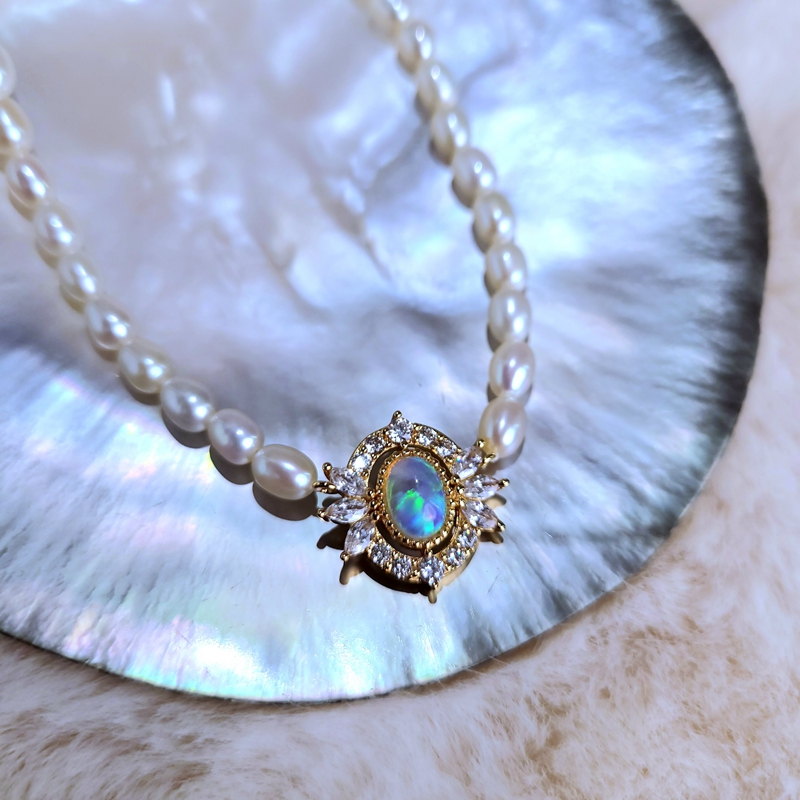 Opal And Real Pearl Choker Necklace | Freshwater Pearl Necklace | Baroque Pearl Necklace