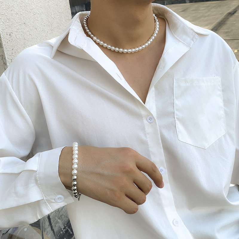 Mens Pearl Jewelry Set | Faux Mens Pearl Choker Necklace | Mens Pearl Bracelet
