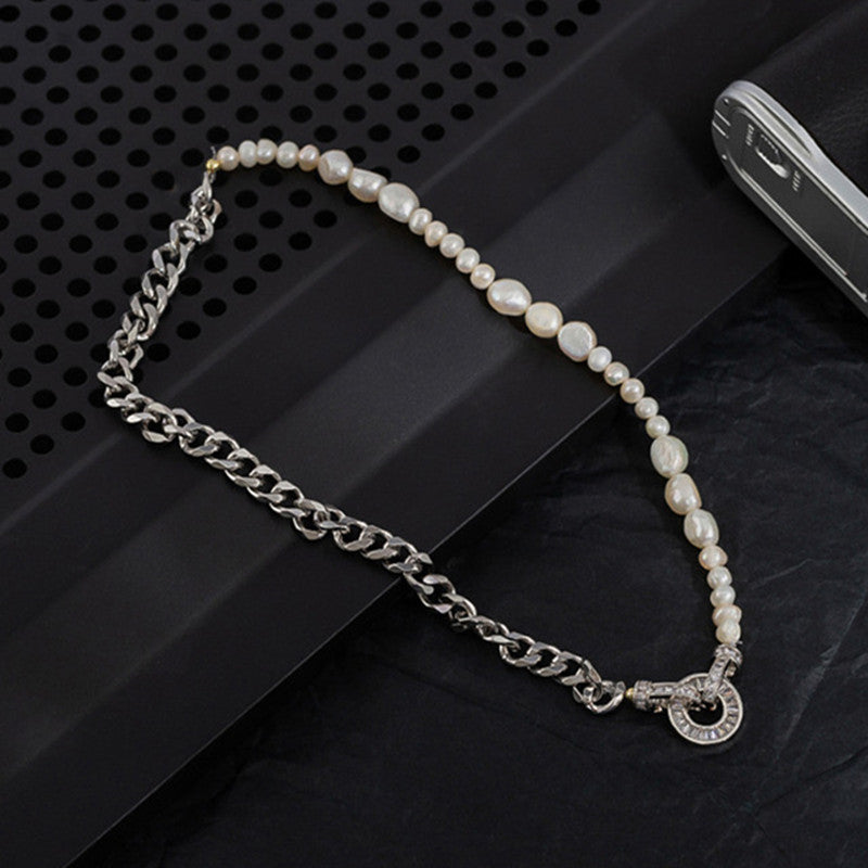 Half Pearl Half Chain Necklace | Silver Necklaces Chain  | Cuban link with Round Clasp Design