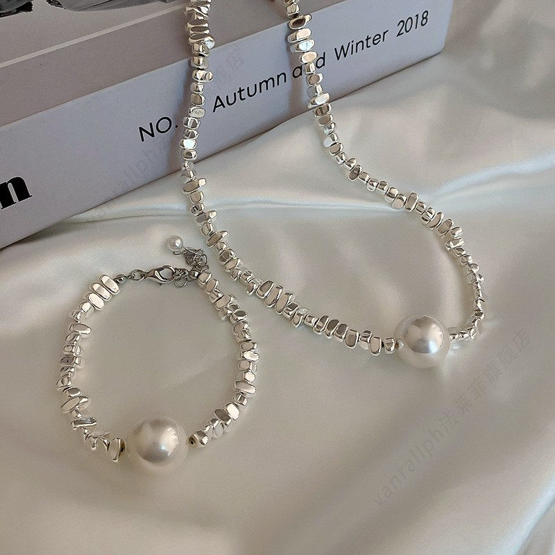 Irregular Pearl Necklace and Bracelet Set | Pearl and Chain Necklace | Silver and Pearl Bracelet