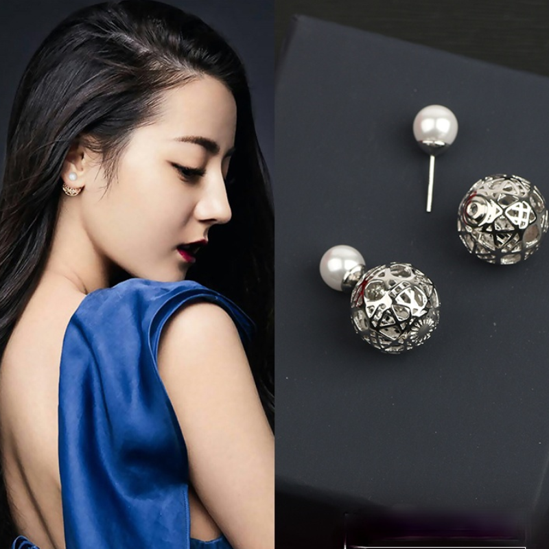 Gold and Silver 2 Sided Stud Earrings Hollow Sphere Pearl Earrings for Women in 14K Gold Over Sterling Silver