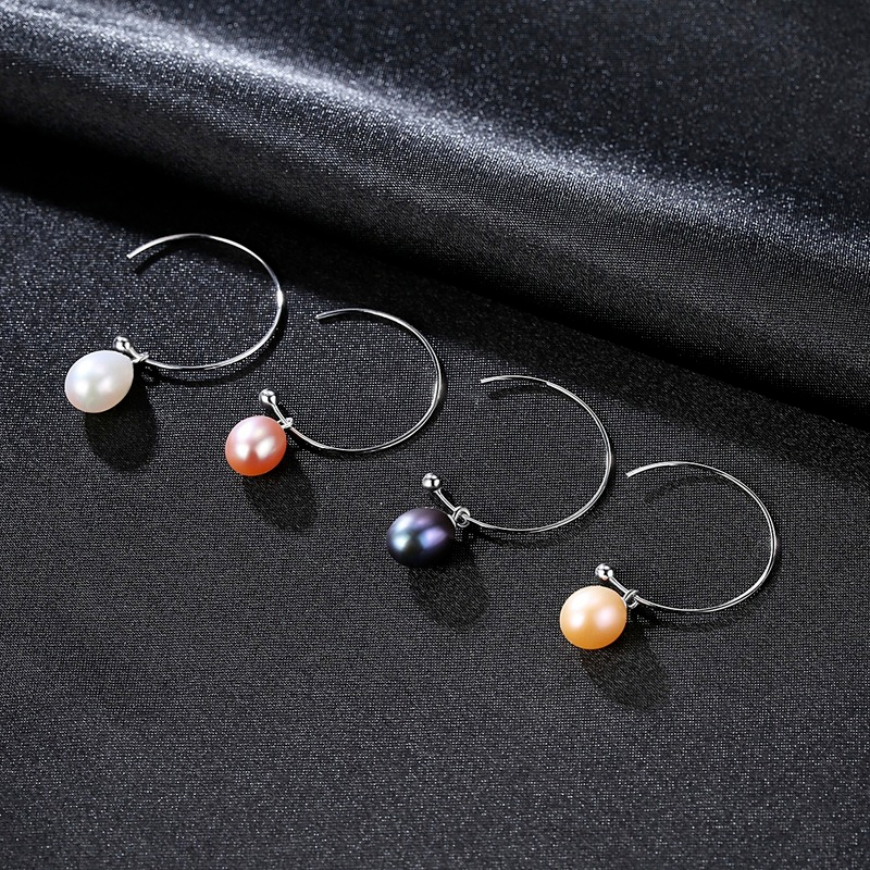 Big Silver Hoop with Pearl Drop Earrings AAA Freshwater Cultured Pearl Hoop Earrings in Sterling Silver(8mm)