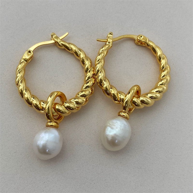 Gold Twist Hoop Earrings | Real Pearl Earrings| Twist Hoop Earrings with Pearl Drop (6-7mm)