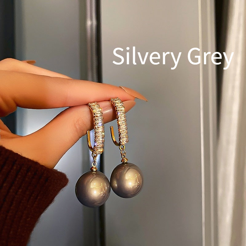 15mm Big Pearl Earrings Round Pearl and Diamond Drop Earrings in 14K Gold Over Sterling Silver