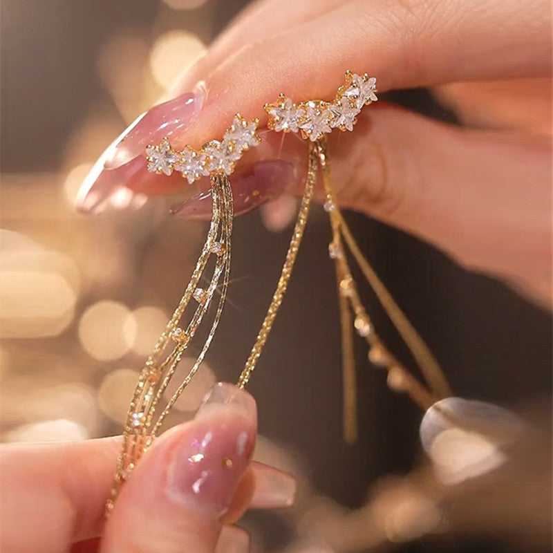 Gold Tassel Earrings | Zircon Star Earring Jackets | Tassel Earrings with Sterling Silver Pins