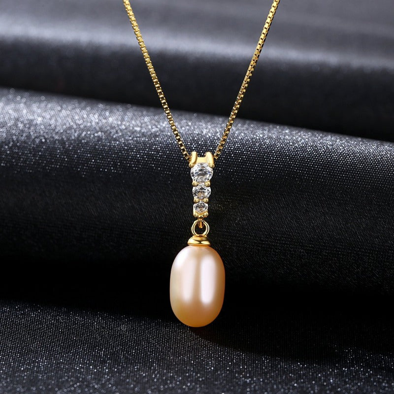 Big Freshwater Pearl and Diamond Pendant Necklace Oval Shape Pearl Pendant Necklace with Silver Chain (11.5-12mm)
