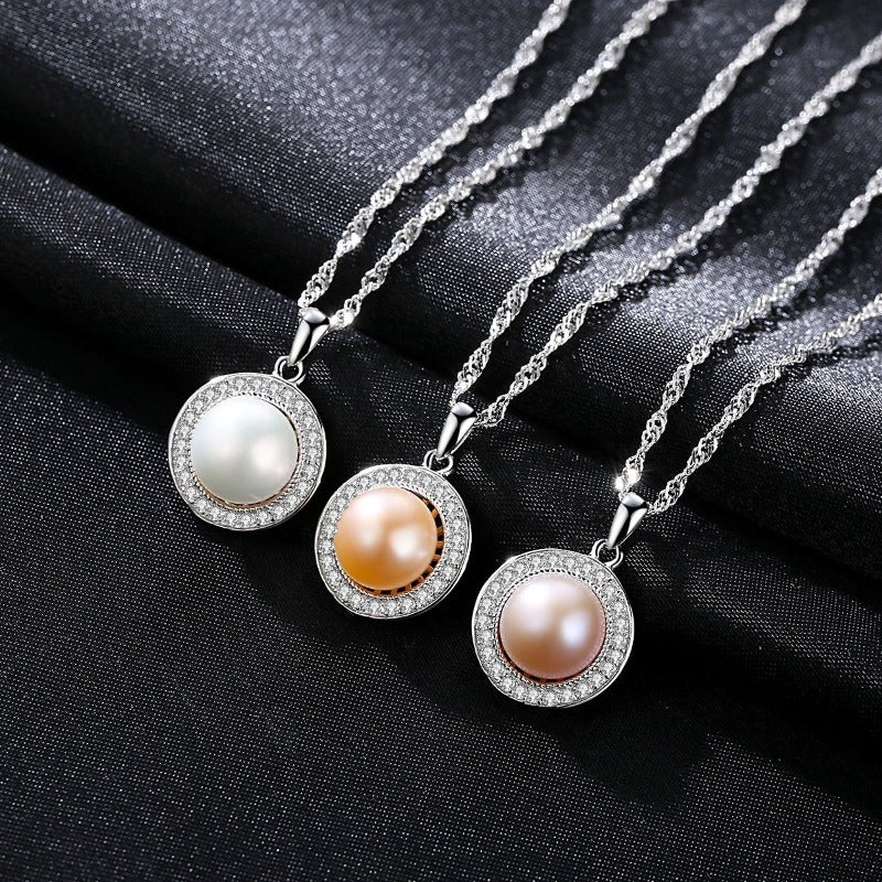 Real Pearl Pendant Freshwater Pearl and Diamond Pendant Necklace with 925 Silver Chain