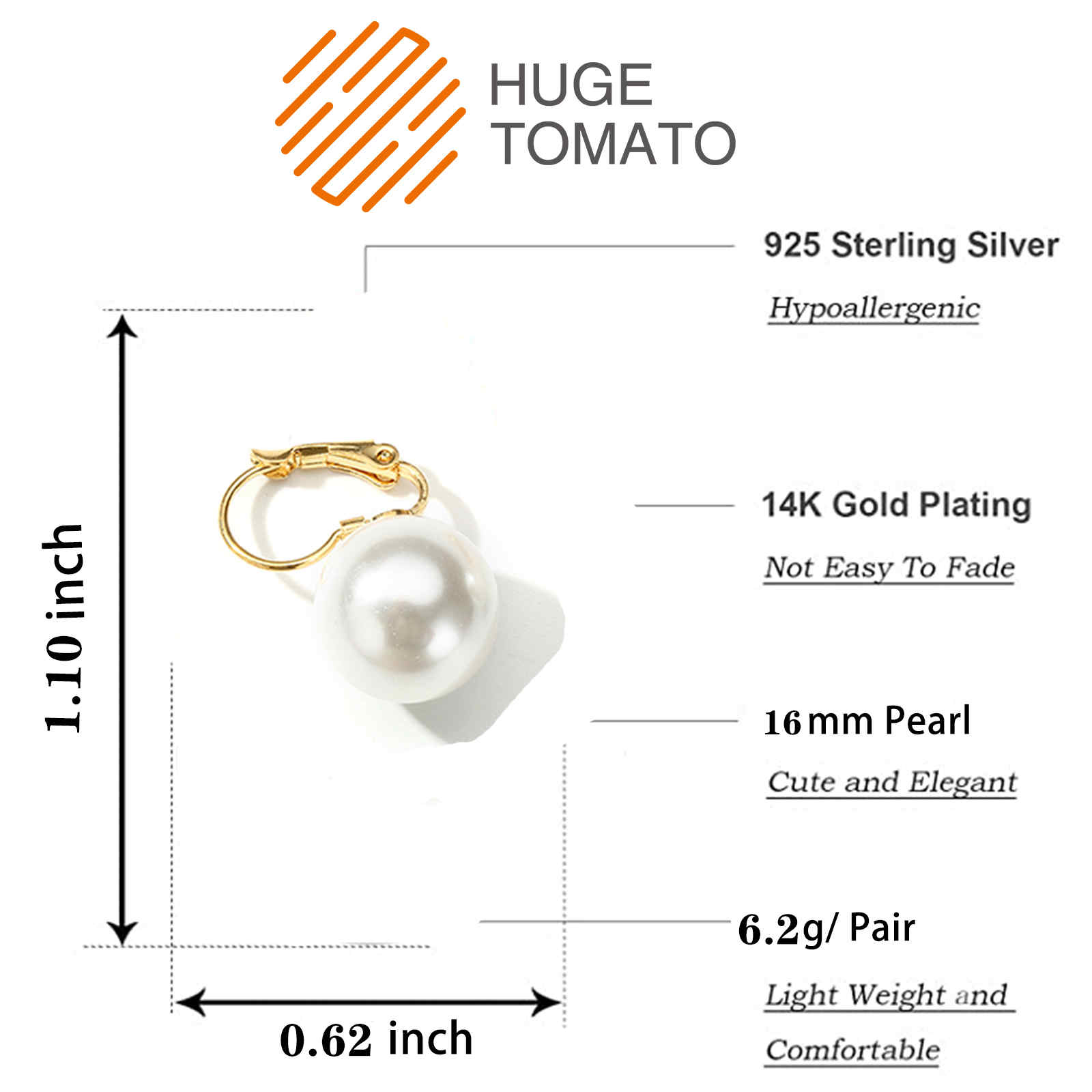 16mm Big Pearl Dangle Earrings Round Pearl Drop Earrings for Women