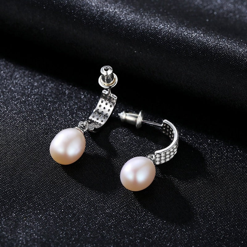 Freshwater Cultured Pearl and Diamond Drop Earrings in Sterling Silver(7mm)