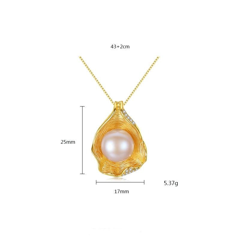 Shell Shape Cultured Freshwater Pearl Pendant Diamond Necklace 14K Gold Over Sterling Silver