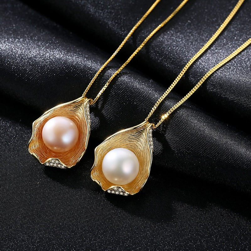 Shell Shape Cultured Freshwater Pearl Pendant Diamond Necklace 14K Gold Over Sterling Silver