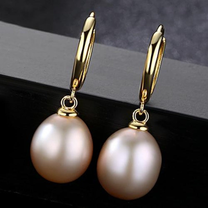 pink real pearl earrings | gold pearl drop earrings | pearl huggie earrings