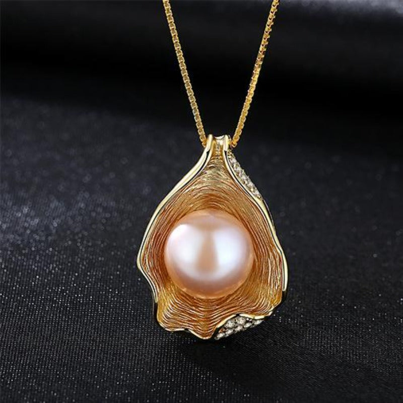 Shell Shape Cultured Freshwater Pearl Pendant Diamond Necklace 14K Gold Over Sterling Silver