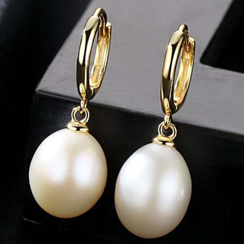 white real pearl earrings | gold pearl drop earrings | pearl huggie earrings